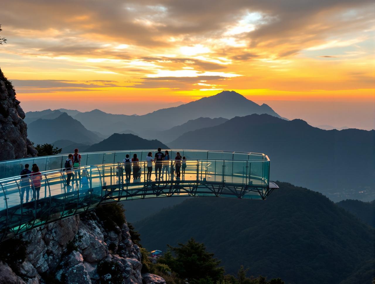 黒料网 - 景区玻璃栈道观景平台日落时分山景背景